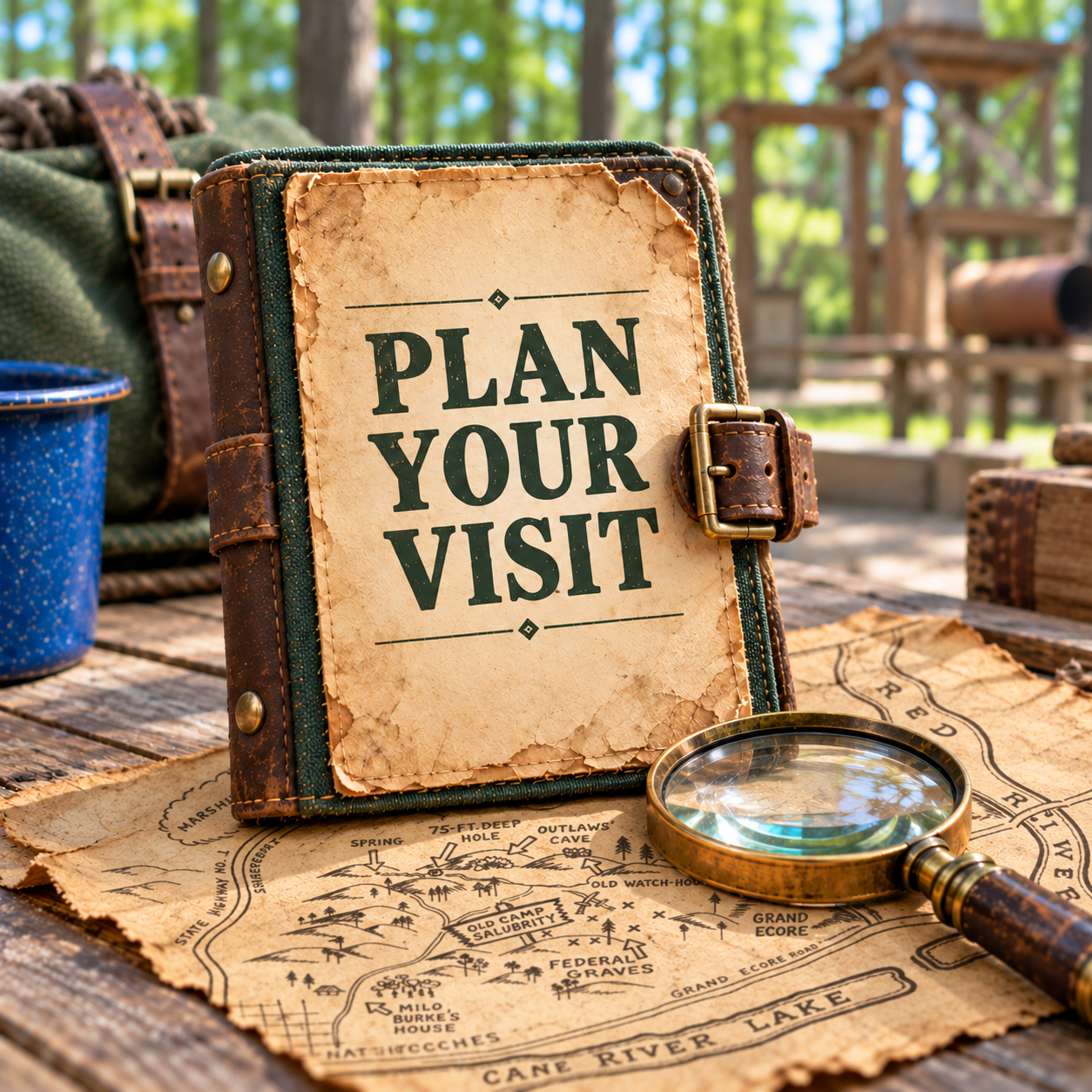Photo of field desk with map and Plan Your Visit on a logbook.