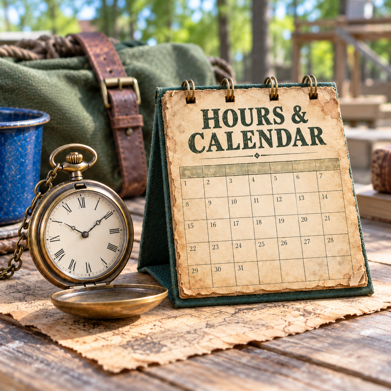 Image of an antique pocket watch and calendar on a field desk